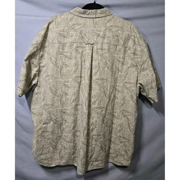 Woolrich Mens 2XL Khaki Newspaper Bass Fish Print Short Sleeve Button Down Shirt - Picture 3 of 11